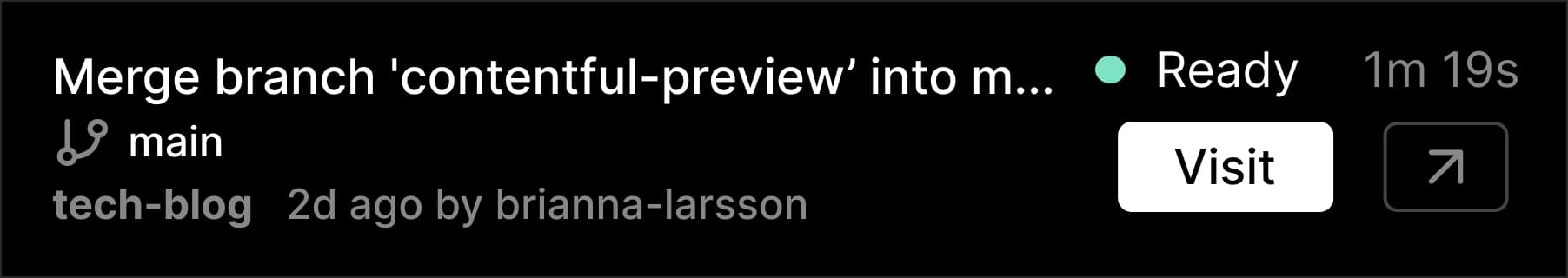 Small snippet of a dark mode enabled app, showing single deploy with its properties