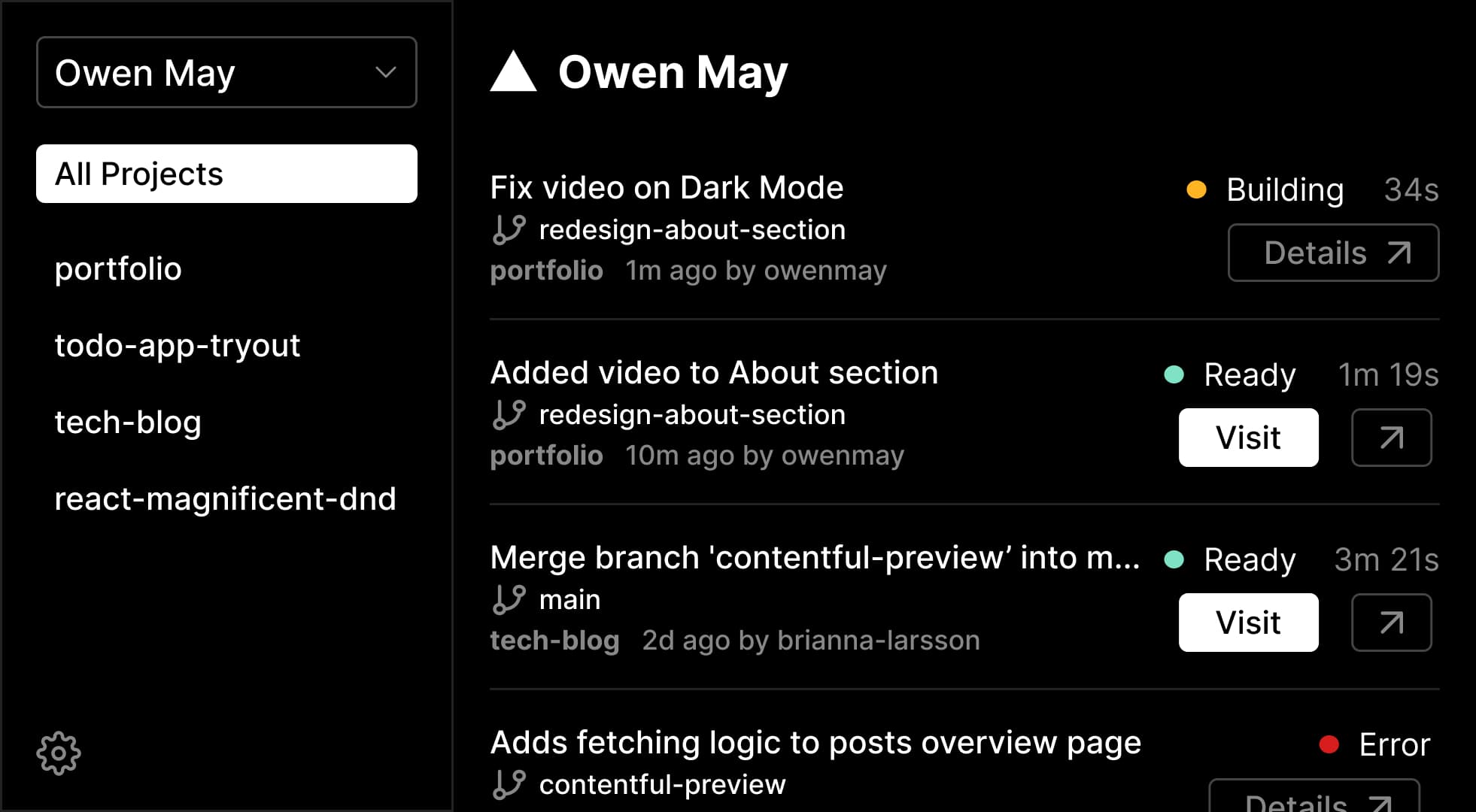 Dark app mockup with projects and deploys, displays variety of build states and links to visit output and inspect logs