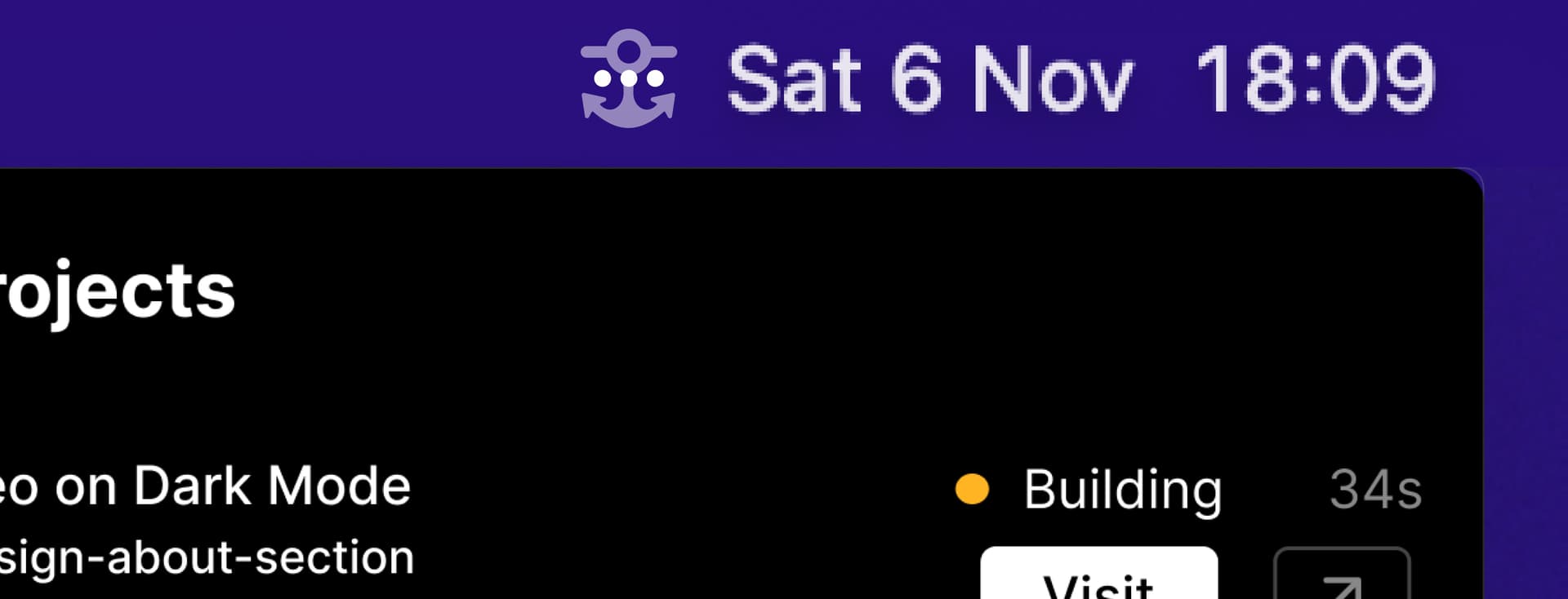 Top right corner of macOS menubar with an anchor icon with three dots to indicate a building state. Also shows small snippet of Shiplog app.