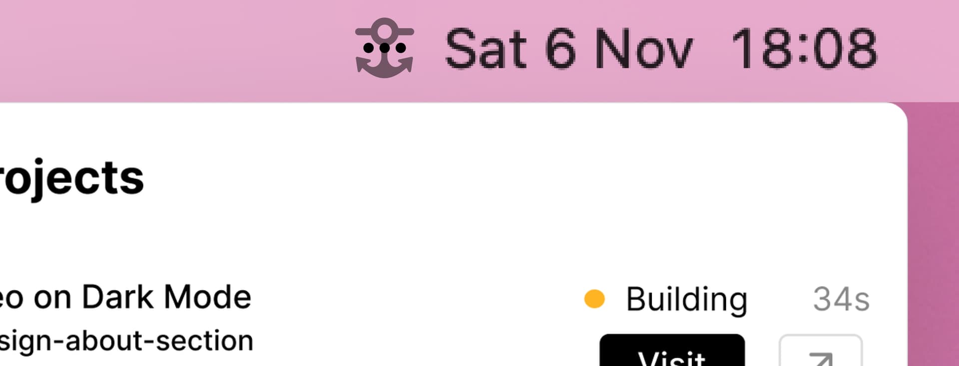 Top right corner of macOS menubar with an anchor icon with three dots to indicate a building state. Also shows small snippet of Shiplog app.
