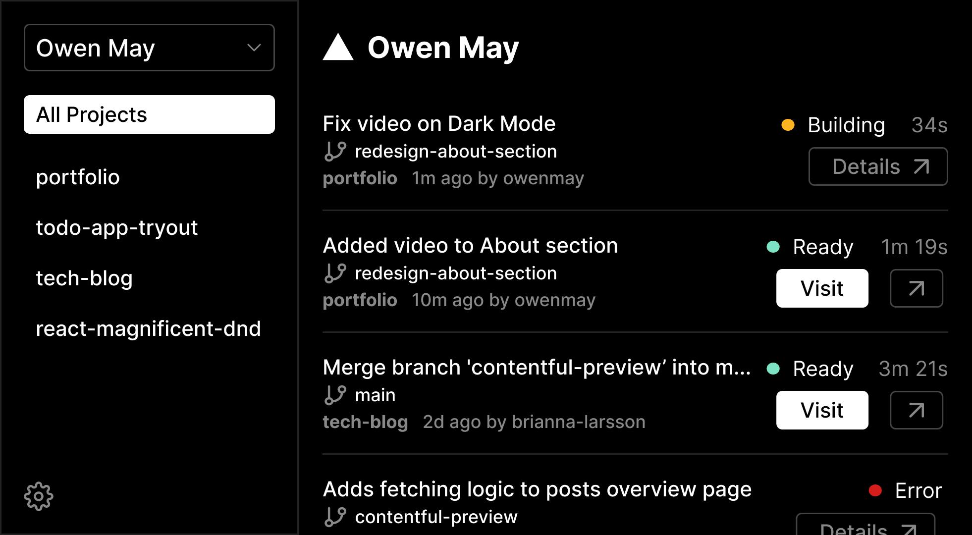 Dark app mockup with projects and deploys, displays variety of build states and links to visit output and inspect logs